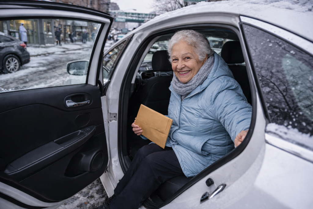 Older woman getting in car
