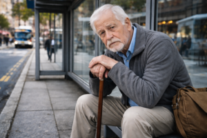 elderly man waiting at bus station